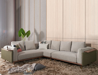 Canapé modulaire en tissu céladon avec table d'appoint mobile