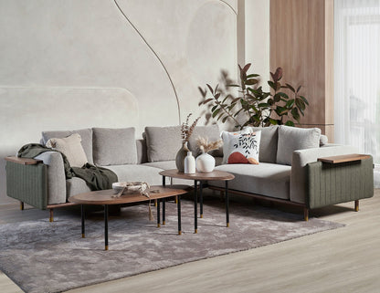 Canapé modulaire en tissu céladon avec table d'appoint mobile