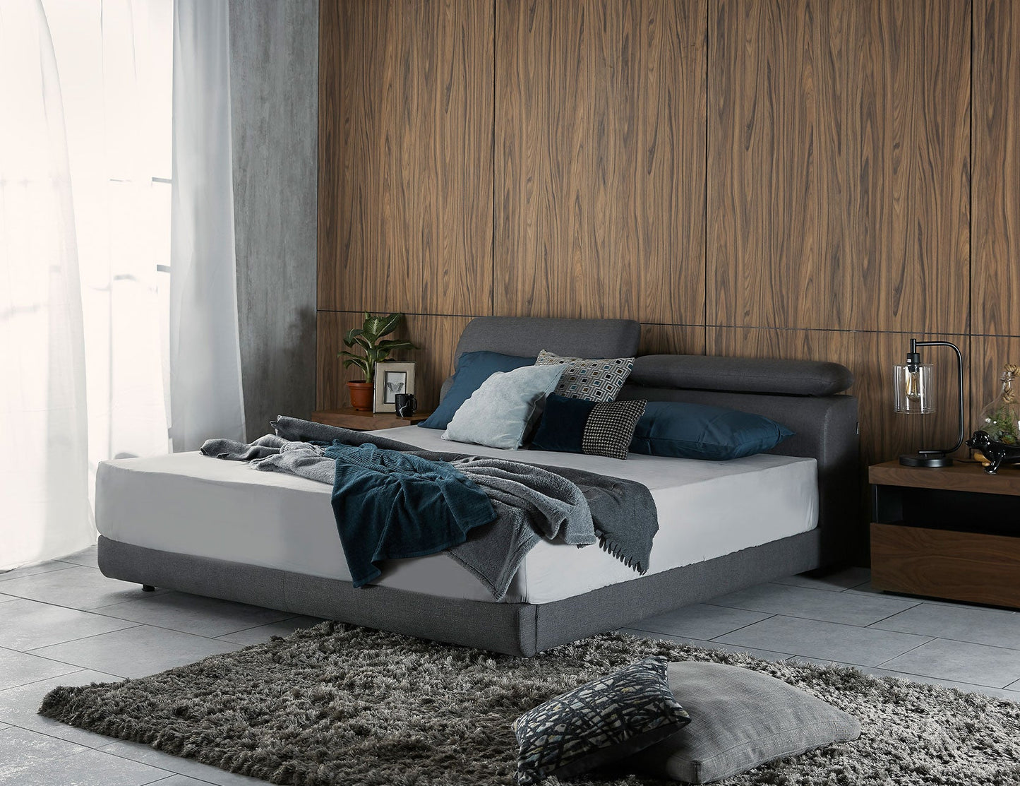 Cadre de lit APOLLO en tissu avec rangement et tête de lit réglable